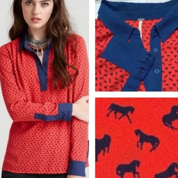 Free People Horse Print Boyfriend Blouse Red & Navy Equestrian Top Flowy Small - Picture 1 of 11